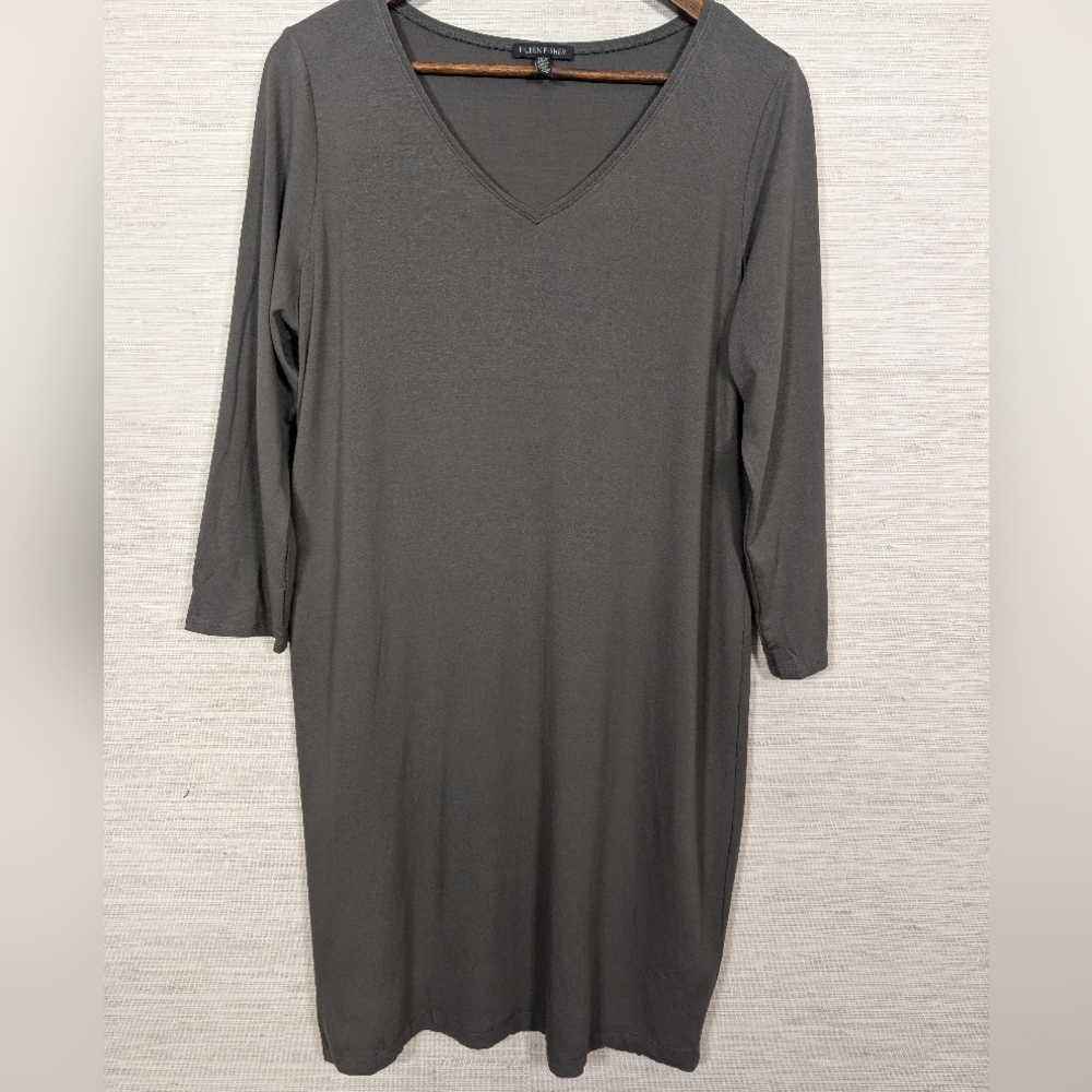 Eileen Fisher Gray Viscose Spandex Jersey VNeck Midi Dress 3/4 Sleeve Large